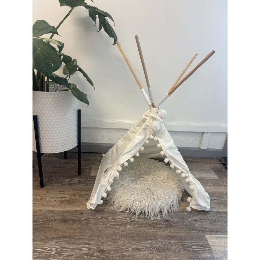 Boho Pet Teepee Tent with Plush Cushion for Small Dogs and Cats Cream Canvas